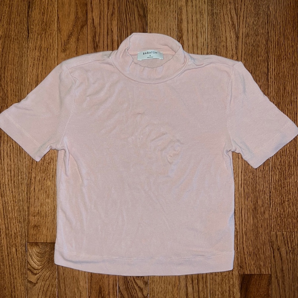 Aritzia Babaton Baby Pink Ribbed Mock Neck Baby Tee Size Small